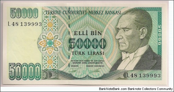 Turkey 50000 Lira 1995 P204. Banknote