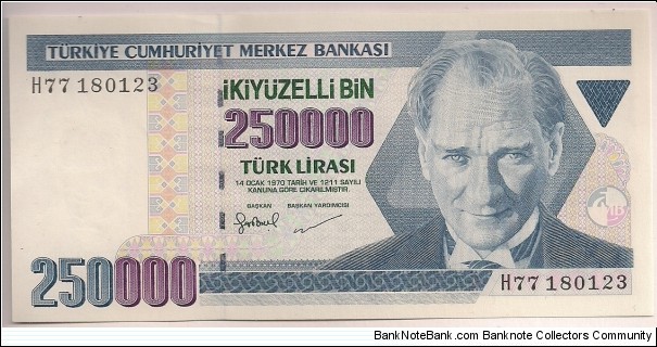 Turkey 250000 Lira 1998 P211. Banknote