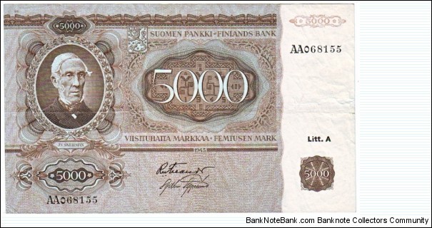 5000 markkaa Litt.A Serie AA Notes size 203 X 120 mm (inc 7,992 X 4,724) This note is made of 1955 Banknote