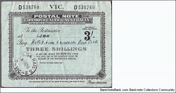 Victoria 1950 3 Shillings postal note.

Issued at St. Kilda Rail S2. (Melbourne).

Perhaps this post office was located in the St. Kilda Railway Station. Banknote