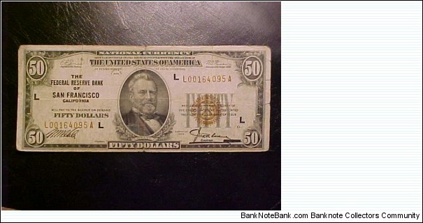 1929 $50 Federal Reserve Banknote from the Federal Reserve Bank of San Francisco. Banknote