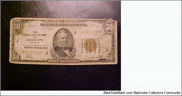 1929 $50 Federal Reserve Banknote issued by the Federal Reserve Bank of Kansas City Banknote