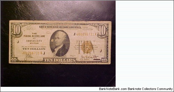 1929 $10 Federal Reserve Banknote issued by the Federal Reserve Bank of Kansas City Banknote