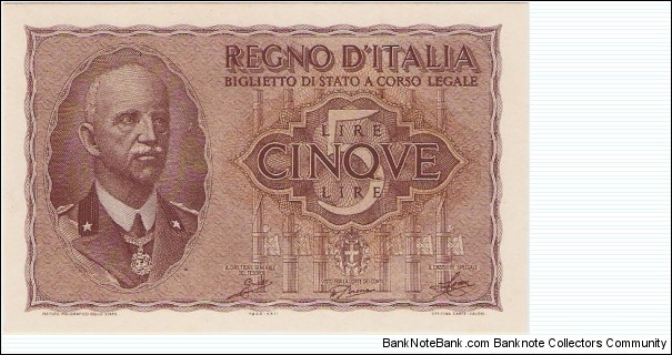 5 Lire 'Impero', fascist regime  Banknote
