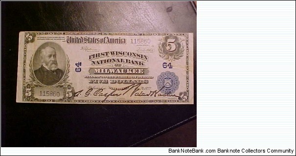 This is a $5 national bank note issued by the First Wisconsin National Bank of Milwaukee.  The bank is the lowest charter in the state of Wisconsin, number 64 and this note was one of the later notes issued with the Speelman-White signature combination issued on April 24, 1922. Banknote