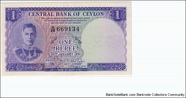CEYLON 1 RUPEE
1951 Banknote