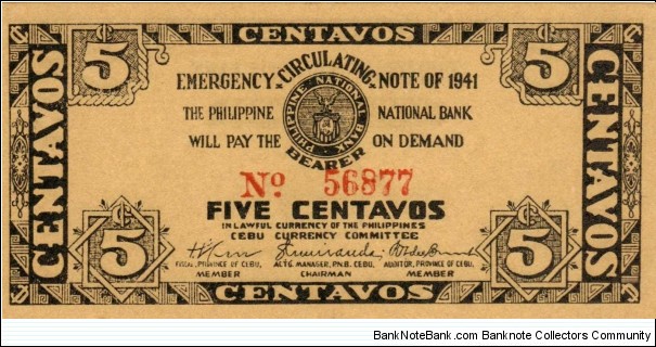 P-211 Cebu 5 centavos note. Banknote