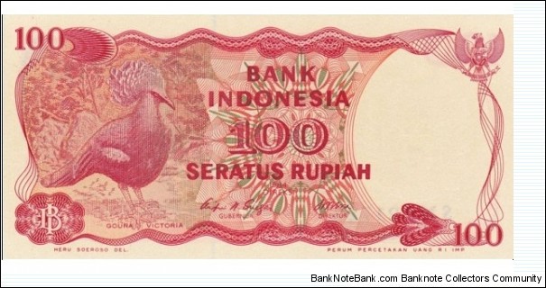 100 Rupiah  
1984. Red on multicolor underprint. Victoria crowned pigeon at left. Back: Asahan Dam. Watermark: Arms.
 Banknote