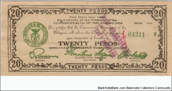 S-528b Mindanao Emergency Currency Board 20 Pesos not stamped Non- Negotiable and signed by city manager. Banknote
