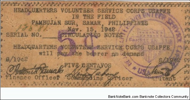 RARE SMR-631 Pambujan Sur, Samar Philippines 5 Centavos note. (Second Issue). Banknote