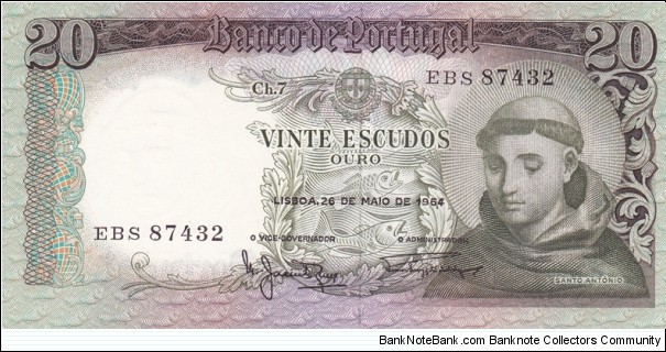 Portugal P167b (20 escudos 26/5-1964) Banknote