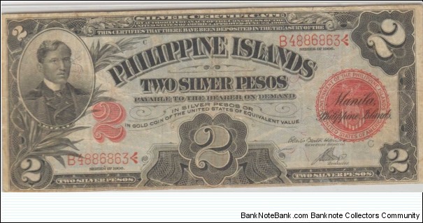 RARE 32d 1906 2 Peso note. Banknote