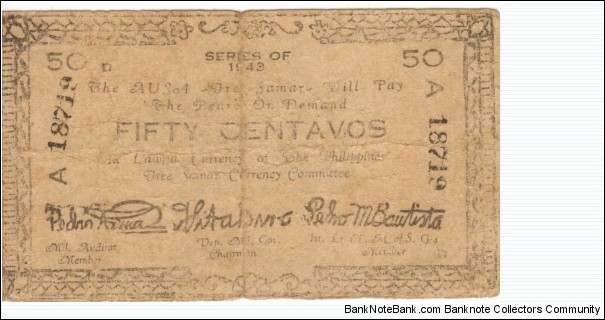 SMR-134 Free Samar Philippines 50 Centavos note, Prefix a Banknote