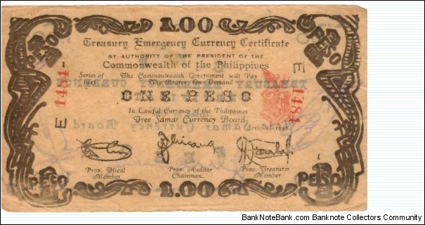 SMR-105 Free Samar Philippines 1 Peso, Prefix E. Banknote