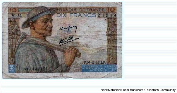 10 francs - poor condition but very nice portrait banknote. Banknote