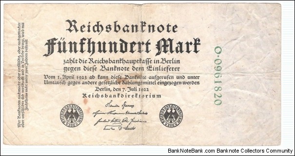 500 Mark(Weimar Republic 1923) 	 Banknote