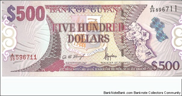 P34a - 500 Dollars
Sign 11
GOVERNOR(ag) - Dolly Sursattie Singh and MINISTER of FINANCE - Bharrat Jagdeo  Banknote