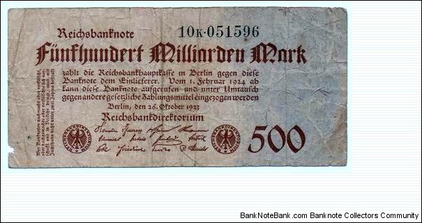 500 mlrd. marks. 
Hyperinflation times
 in Germany. Banknote