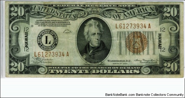 $20 Federal Reserve Note : Hawaii Banknote