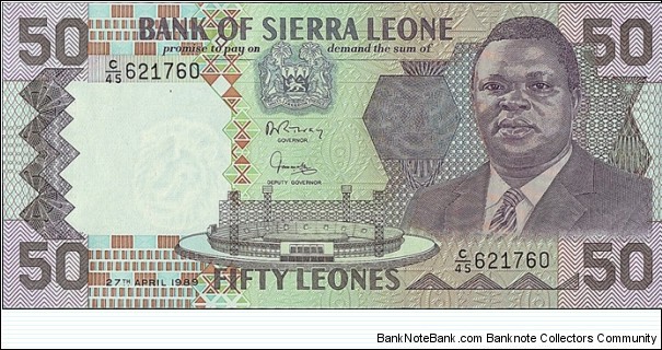 Sierra Leone 1989 50 Leones.

Cut unevenly. Banknote