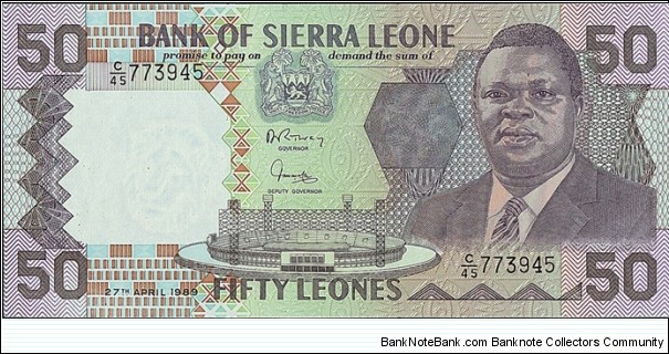 Sierra Leone 1989 50 Leones.

Cut unevenly.

A black ink spot at top left on the back. Banknote