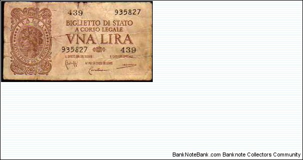 1 Lira__
pk# 29 b__
sign: Bolaffi/Cavallaro/Giovinco__
R.D.L 20.05.1935-n° 874__
D.M 23.11.1944__
series: 439 - 935827 Banknote