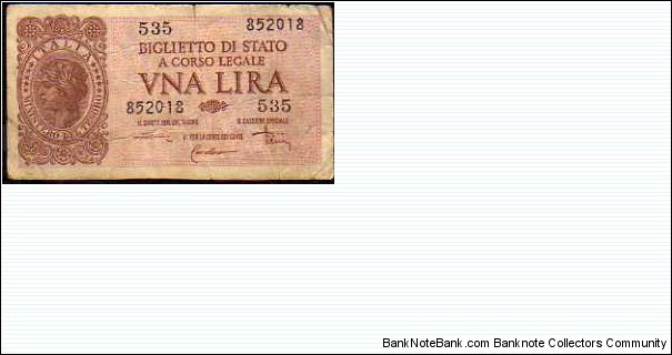 1 Lira__ pk# 29 c__ sign: Di Cristina/Cavallaro/Parisi__ R.D.L 20.05.1935-n° 874__ D.M 23.11.1944__ series: 535 - 852018 Banknote