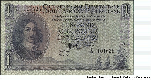 South Africa 1952 1 Pound.

'Afrikaans on Top' type. Banknote
