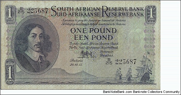 South Africa 1955 1 Pound.

'English on Top' type. Banknote