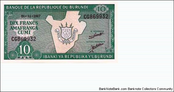 10 Francs - Banque de la Republique du Burundi (01-11-2007) Banknote