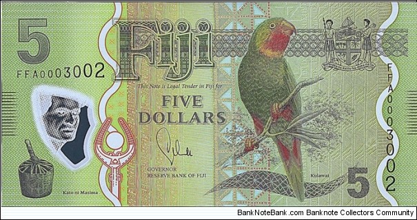 Fiji N.D. (2012) 5 Dollars.

Fiji's first polymer note. Banknote