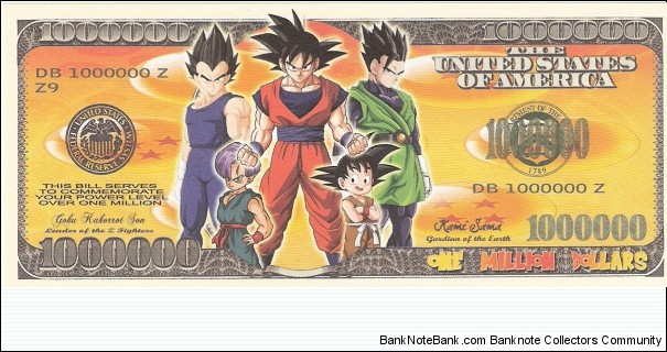 Dragonball Z; 1,000,000 dollars; c. 2013.  Private novelty issue.  Part of the Dragon Collection! Banknote