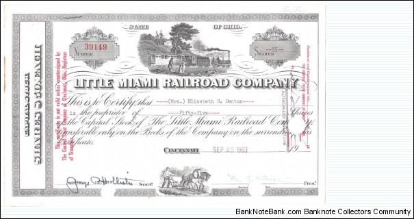 Capital stock of 2750 Dollars(55 Shares x 50 USD  each)/Little Miami Railroad Company-State of Ohio/canceled 1964 Banknote