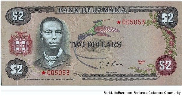 Jamaica 1977 2 Dollars.

Same serial numbered set. Banknote