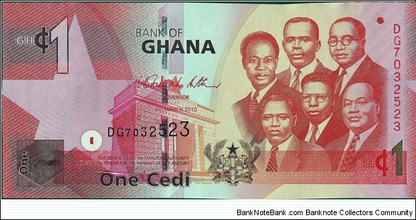 Ghana 2010 1 Cedi.

Cut unevenly.

Faulty printing on front. Banknote