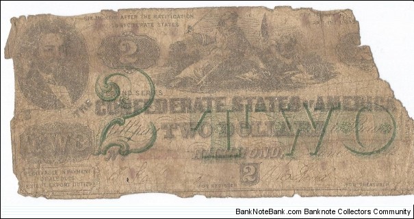 Confederate States of America 2 Dollar with the rare 'anti-counterfeit' green stamp. Only about 110,000 were printed. (Reverse is blank) Banknote