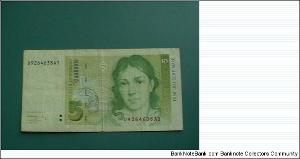 Germany 5 deutsche mark, 1991 with Bettina von Arnim. Banknote