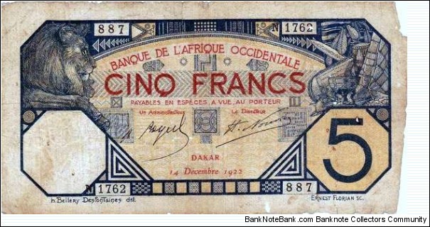 Banque de la Afrique Occidentale.
5 Francs. Dakar 1922 issue.
Poor condition. Banknote