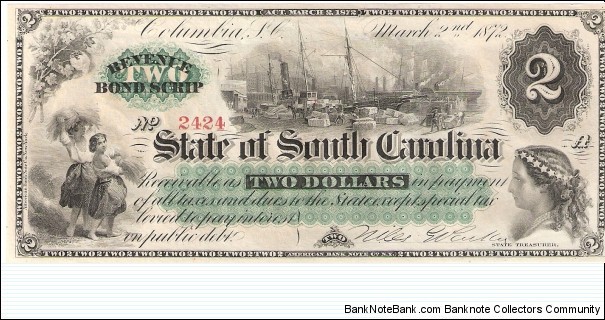 State of South Carolina (Blue Ridge Railroad); March 3, 1872; 2 dollars Banknote