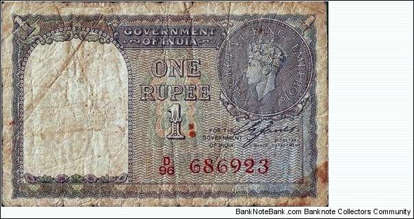 India 1940 1 Rupee.

Red serial number.

This note is believed to have been issued under the Dominion of India (1947-50).

Extremely rare in any grade! Banknote