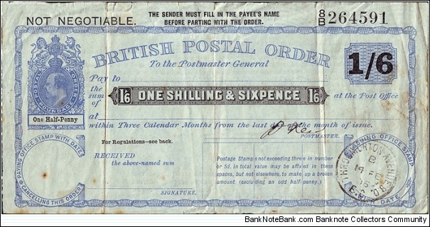 England 1906 1 Shilling & 6 Pence postal order.

Issued at Throgmorton Avenue Branch Office,E.C. (London).

This is my oldest British Postal Order so far.  Banknote