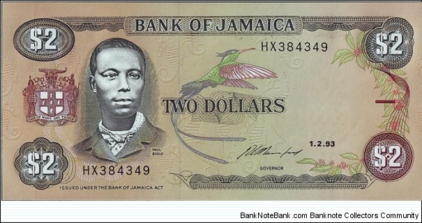 Jamaica 1993 2 Dollars. Banknote