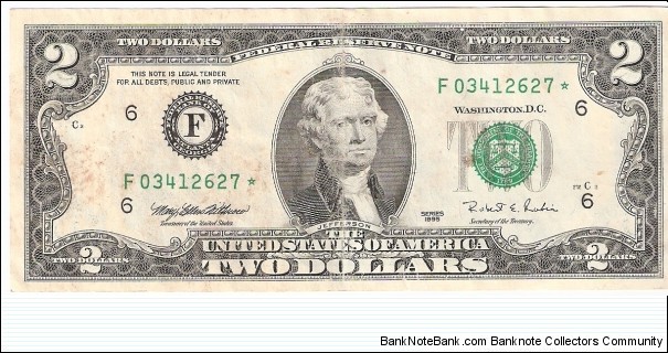 Federal Reserve Note; 2 dollars; Series 1995 (Withrow/Rubin).  Star Note. Banknote