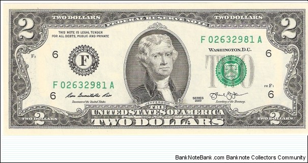 Federal Reserve Note; 2 dollars; Series 2013 (Rios/Lew) Banknote