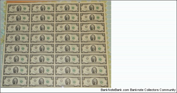 Federal Reserve Note(s); 2 dollars; Series 2009 (Rios/Geithner).  32-note uncut sheet. Banknote