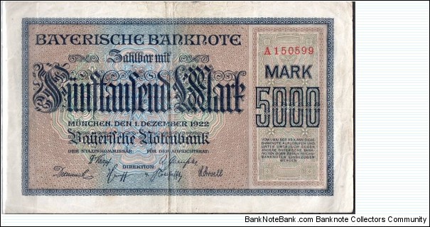 5.000 Marks 
Bayerische Notenbank, Munich  Banknote
