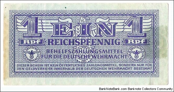 1 ReichsPfennig
(AUXILIARY PAYMENT CERTIFICATE/WEHRMACHT ARMED
FORCES Third Reich 1942) Banknote