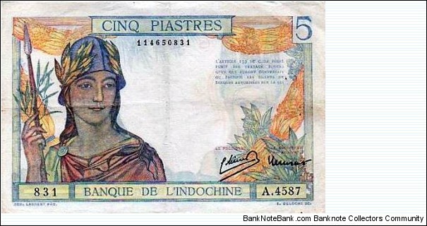 French Indochina - Banque de L'Indochine 5 Piastres Banknote