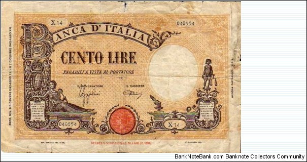 *KINGDOM*
_________

100 Lire__
pk# 59__
09.12.1942__
Sign. Azzolini / Urbini Banknote