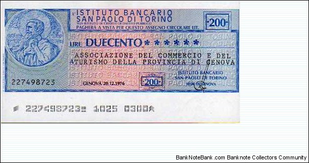 *Emergency Notes __ Local Mini-Check* __ 200 Lire __ pk# NL __ Istituto San Paolo di Torino __ Genova 20.12.1976  Banknote